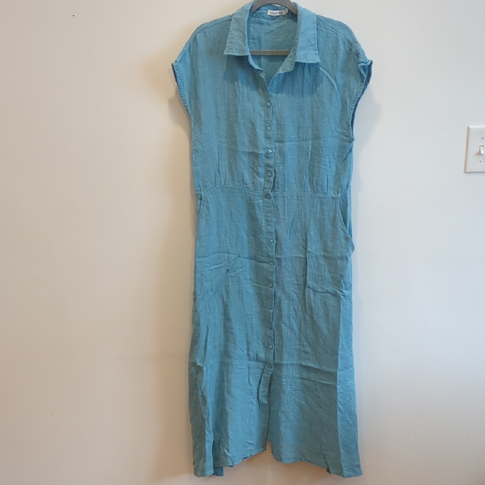 100% Linen Blue Midi Dress Size Large Lagenlook Cottage Prairie Boho Minimalism